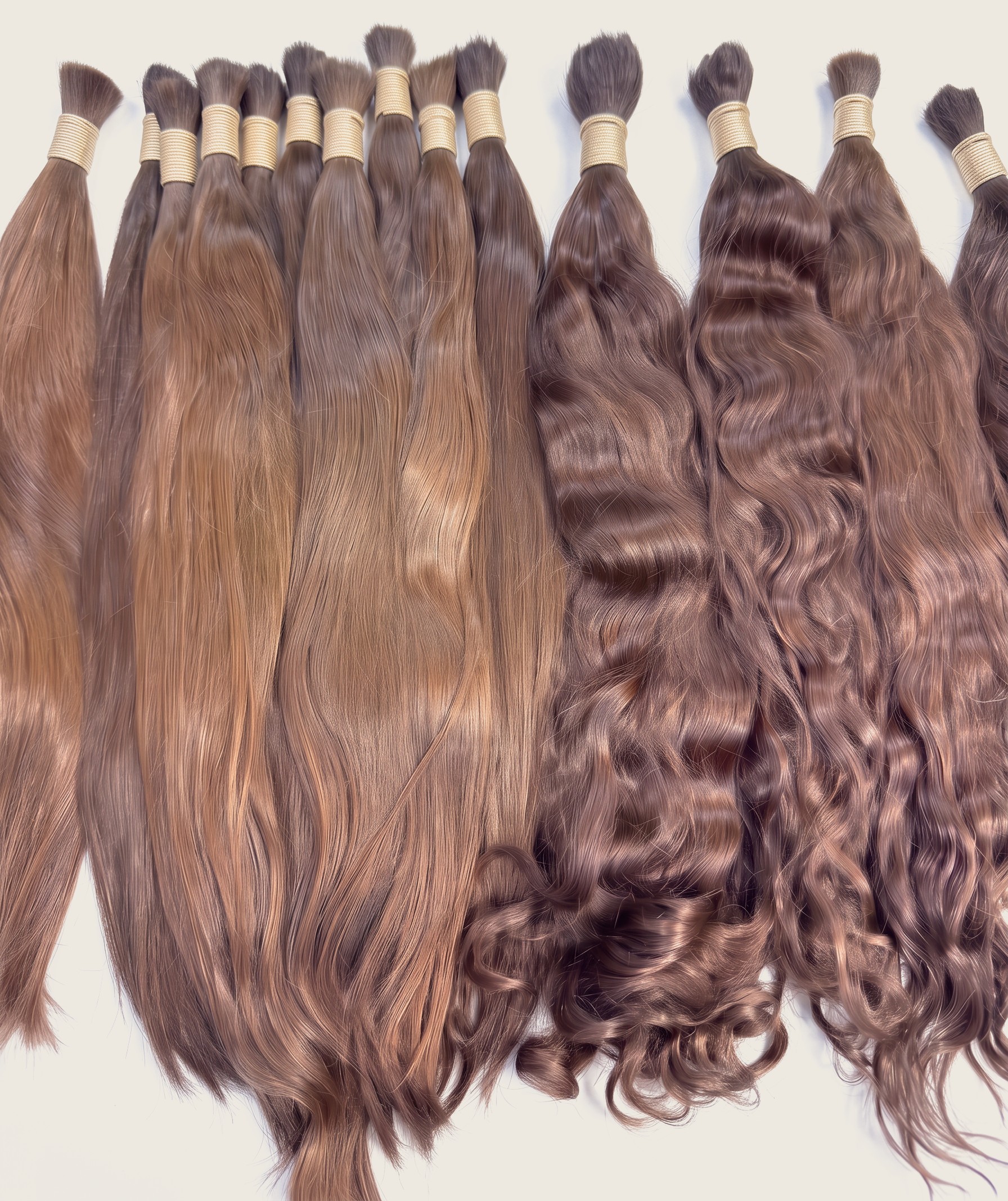 Premium untreated virgin human hair bundles in natural brown tones