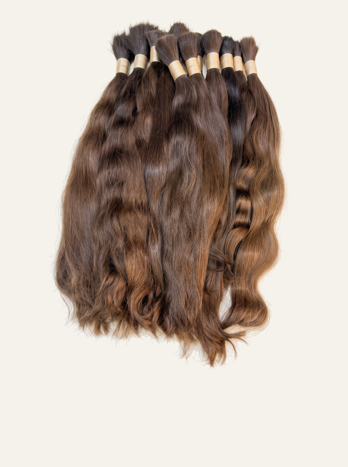 Sorted virgin human hair bundles selected for GOLDWIGS production