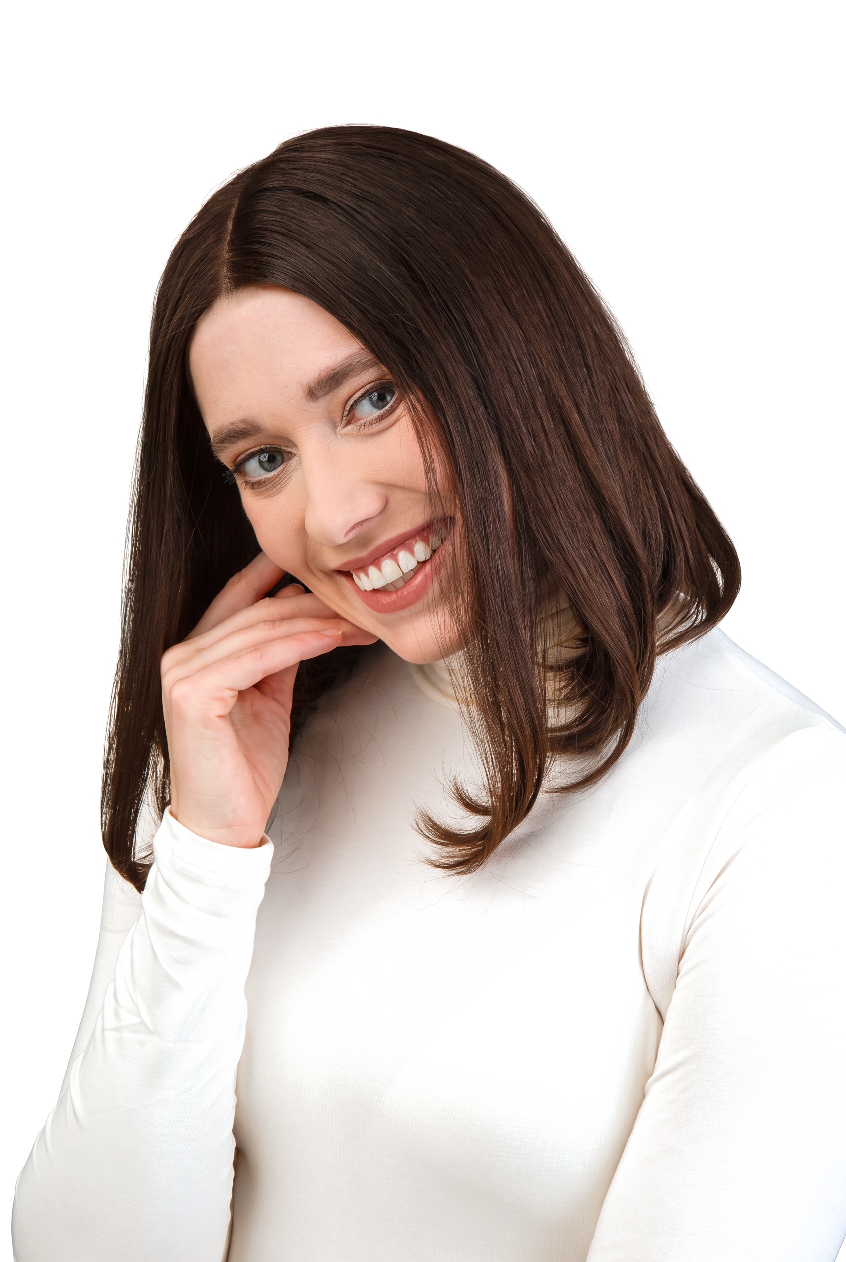 Model wearing a GOLDWIGS long brunette human hair wig